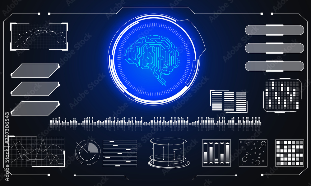 Fototapete HUD Virtual Futuristic Smart Intelligence Brain Analysis Concept Vector. Abstract Hi Tech Element Communication Screen Display User Interface Illustration.