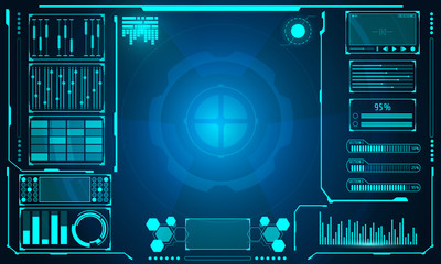 Obraz premium HUD Hi Technology User Interface Control Panel Vector Background. Abtract Blue Scifi Infographic Communication Theme Concept Illustration.