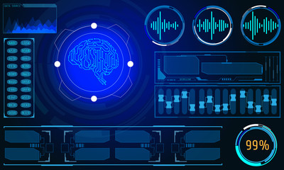 HUD Blue Scifi Smart Brain Intelligence Analysis Technology Concept Vector. Abstract Virtual Futuristic Elements Hi Tech User Interface Communication Control Panel. 