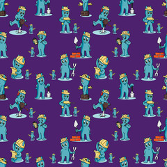 seamless pattern_3_illustration Doodle funny little men in the style of Chibi with horns in a variety of construction situations, the background is isolated