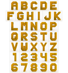 letters and numbers 3d cubic golden isolated on white