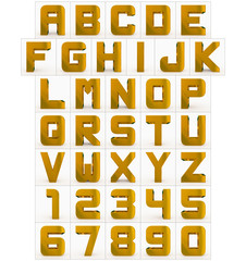letters and numbers 3d cubic rounded golden isolated on white