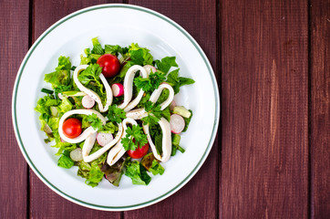 Dishes with seafood. Salad with squid