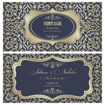 Wedding invitation cards  baroque style blue and gold. Vintage  Pattern. Retro Victorian ornament. Frame with flowers elements. Vector illustration.