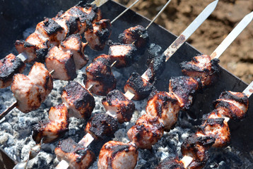 grilled meat skewers on the fire in the open air for a hearty lunch