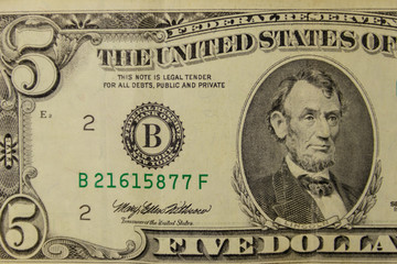 Macro shot of the five dollars banknote
