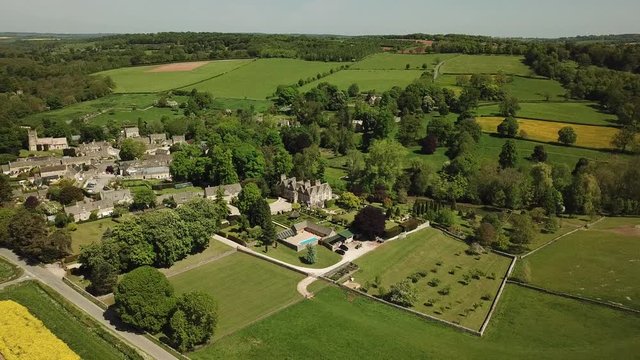 Aerial of English Country house in the Cotswolds in England