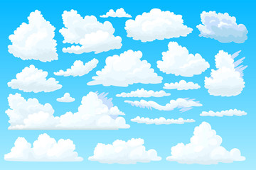 vector cloudy sky, heaven space. White cartoon fluffy clouds set. Cumulus, cumulonimbus, cloudscape template. 2d design air smoke elements art. Weather outdoor fun banner on blue panorama background - obrazy, fototapety, plakaty