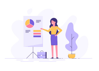 Confident young woman standing near flip chart and pointing graph and diagram. Creative business concept. Office interior. Modern vector illustration. Flat design.