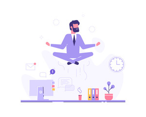 Businessman doing yoga to calm down the stressful emotion from hard work in office over desk with office process icons on background. Concept of meditation. Modern vector illustration.