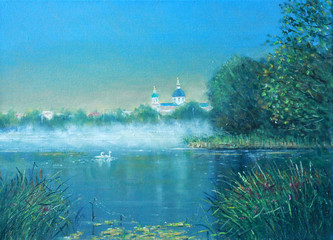 Church on the lake. Painting. Landscape with oil paints.
