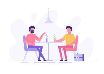 Two male colleagues chatting during coffee breaks at a table in a cafe. Modern flat vector illustration.
