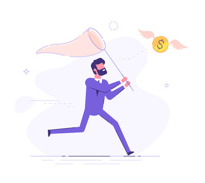 Businessman is trying to catch flying dollar coin with a scoop-net. Modern business character. Vector illustration.