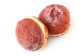 Homemade Doughnuts with Jelly filled and powdered sugar isolated on white background. Selective focus.