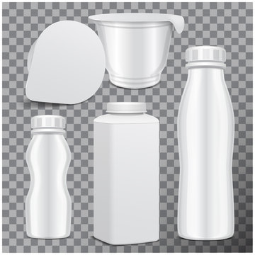 Vector Plastic Bottle Set And Round White Glossy Plastic Pot For Dairy Products. For Milk, Drink Yogurt, Cream, Dessert. Realistic Mockup Template