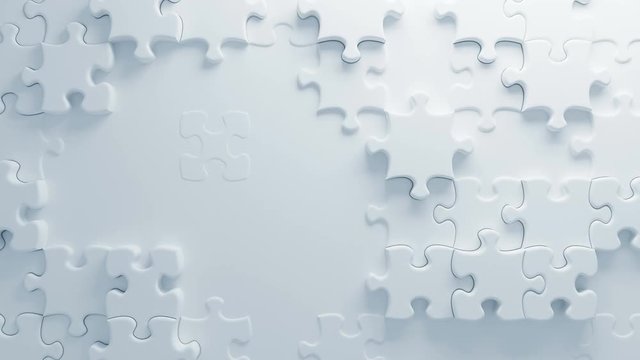 Beautiful White Puzzles on Surface in Seamless 3d Animation. Abstract Motion Design Background. Computer Generated Process. 4k UHD 3840x2160.