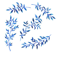 Set of blue branches and leaves isolated on white background. Hand drawn watercolor illustration.
