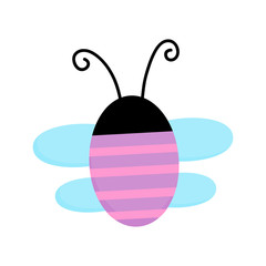 Cute bee, bug insect vector graphic icon. Purple bug with pink stripes and light blue wings. Spring insect illustration.