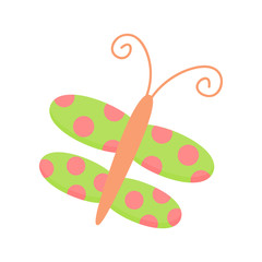 Cute butterfly, insect vector graphic icon. Orange butterfly with green wings and orange dots. Spring insect illustration.