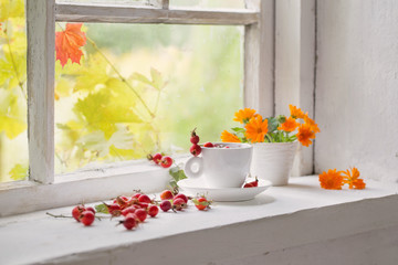 tea with berries of a dogrose on a windowsill