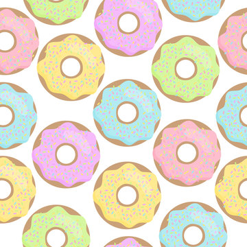 Cute colorful doughnut vector seamless pattern. Pastel sugar iced donuts with rainbow sprinkles.