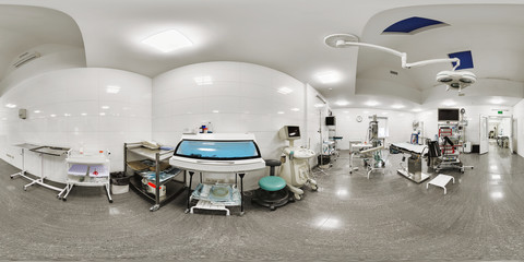 Panorama of the room for delivery in the maternity hospital for women. Interior of the 360 room in the maternity hospital with a lot of equipment for resuscitation and for the delivery of labor in - obrazy, fototapety, plakaty