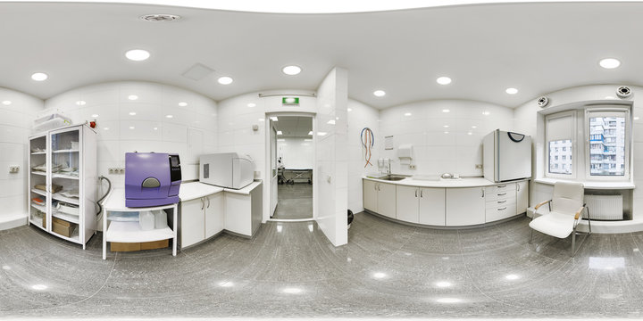 Panorama Of A Room For Sterilization Of Medical Equipment With 100 Purity. Atoclases With Sterile Scales Equipment With Sterile Medical Equipment Panorama