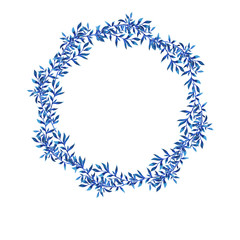 Blue leaves frame isolated on white background. Hand drawn watercolor illustration.