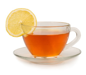 Cup of tea with lemon on a white background