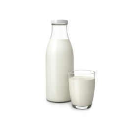 Glass bottle and glass with milk. 3D illustration