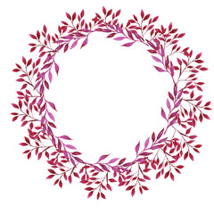Red and pink leaf garland isolated on white background. Hand drawn watercolor illustration.