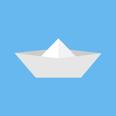 Paper boat toy. Simple origami paper boat vector icon, isolated on blue background.