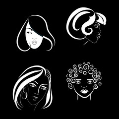 Vector white on a black background contours of the icons of female faces in the face and in a profile of different races, the concept of female solidarity and unity.