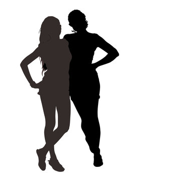 recommend clip art: Vector silhouettes of two beautiful long-legged young girls with slender figures isolated on white background in full growth are embracing each other in summer clothes.