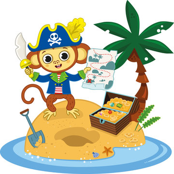 Pirate monkey found the treasure chest with his map on an island. Vector illustration.