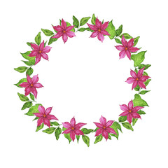 Pink flowers and green leaves round frame isolated on white background. Hand drawn watercolor illustration.
