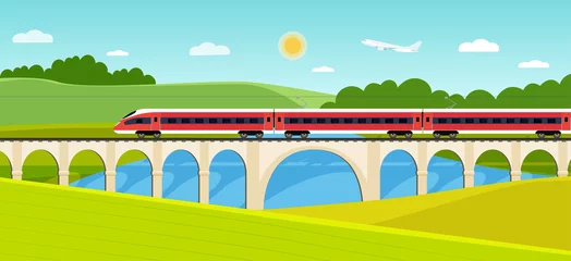 Fototapeten Train on railway and bridge with forest and river. Vector flat style illustration © lyudinka