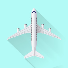Airplane icon on blue background with shadow, travel background, vector illustration