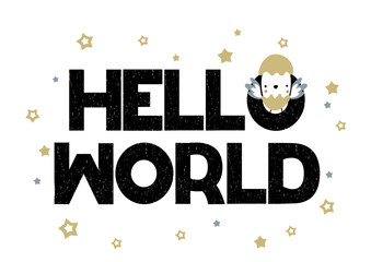 Card with lettering Hello World with little chick. Vector illustration in handwritten style - 207318177