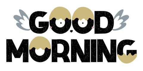 Good Morning lettering text with wings. Vector
