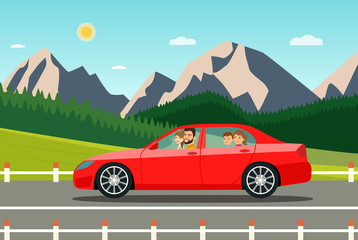 Fototapeta na wymiar Funny family driving in car on weekend holiday. Summer mountain landscape.Vector flat style illustration