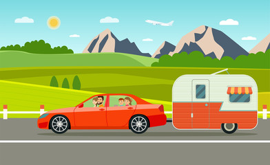 Fototapeta na wymiar family holiday. Travel trailer and sedan. Forest and mountain landscape. Vacation poster concept. Flat style vector illustration