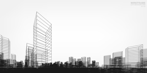 Perspective 3D render of building wireframe. Vector wireframe city background of buildings.