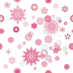 Cotton fabric Repeatable floral pattern with 31 different, multi layered mandalas flowers, each in transparency from within and scattered around