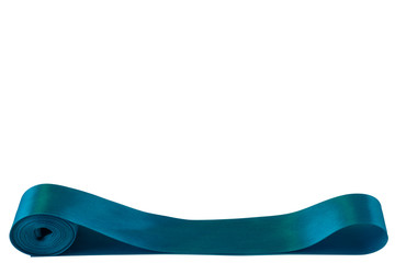 Satin ribbon of turquoise color, twisted into a roll with a folded loop free end, an isolated image on a white background.