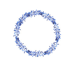 Blue branches frame isolated on white background. Hand drawn watercolor illustration.
