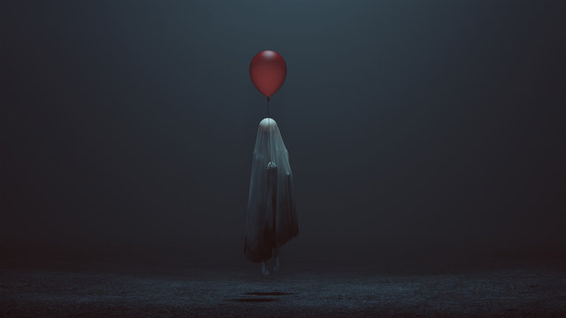 Floating Evil Spirit of a Child with a Red Balloon in a foggy void Front 3d Illustration