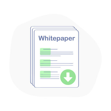Whitepaper icon, ICO main investment document, company strategy, brief, development product plan. Flat outline modern vector illustration with downloading green arrow