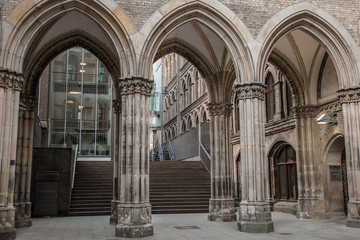 Beautiful antique arches in the old town of Bremen. Bremen, Germany. 