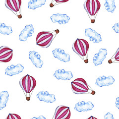 Modèle sans couture avec des montgolfières roses et des nuages isolés sur fond blanc. Illustration aquarelle dessinée à la main.